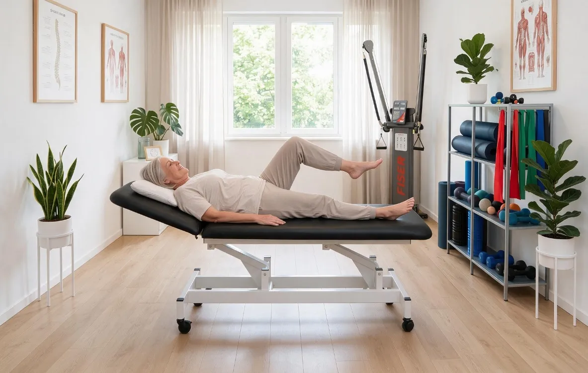 Behandlungsraum mit Therapieliege und Trainingsgeräten
