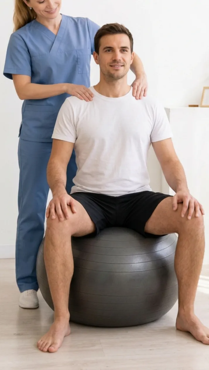Therapeutin korrigiert die Haltung eines Patienten auf dem Gymnastikball