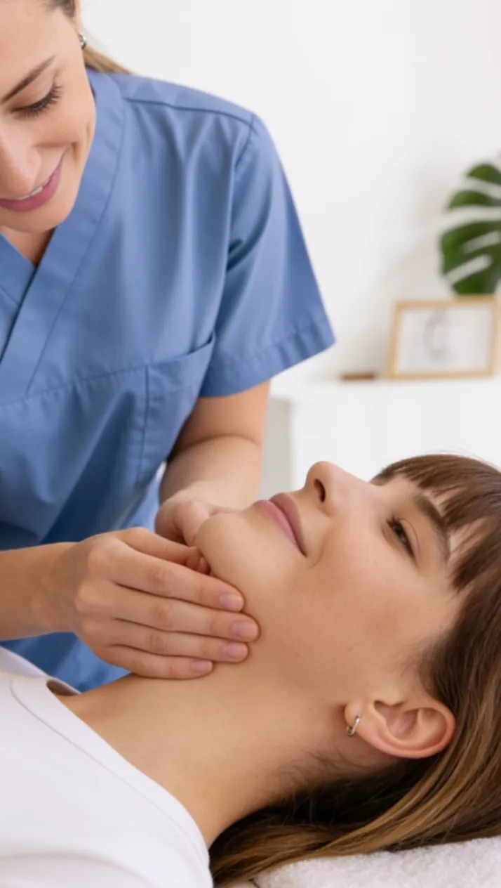 Therapeutin behandelt den Kieferbereich einer Patientin