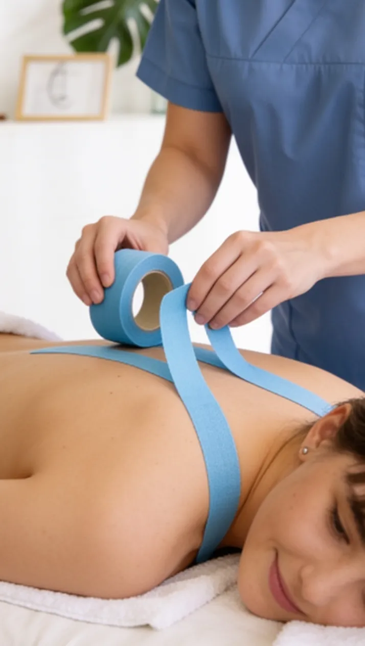 Therapeutin bringt ein Kinesio-Tape am Rücken an