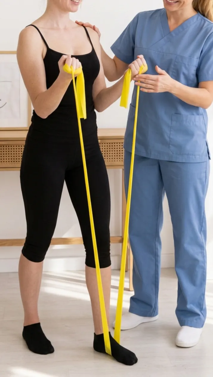 Patientin trainiert mit Theraband unter Anleitung