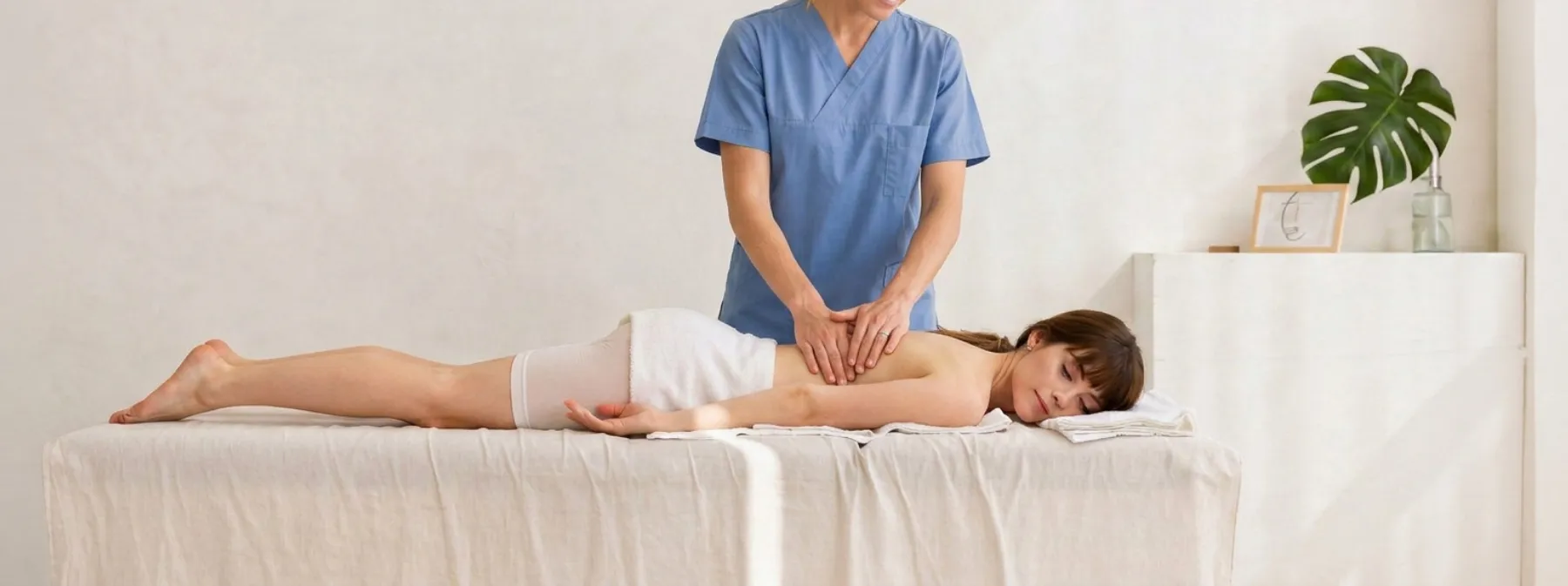 Physiotherapeutin behandelt den Rücken einer Patientin auf einer Liege