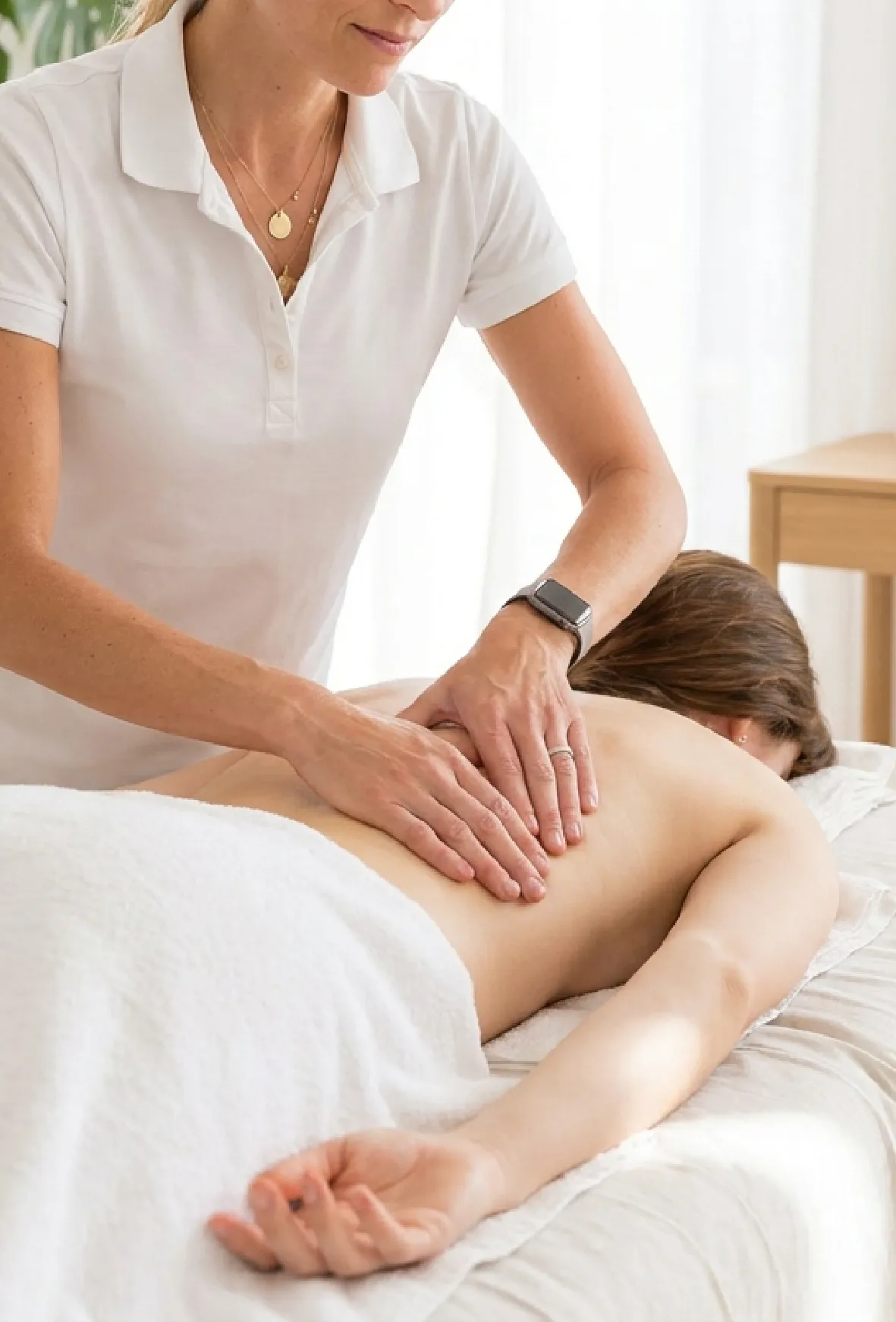 Therapeutin behandelt den Rücken einer liegenden Patientin